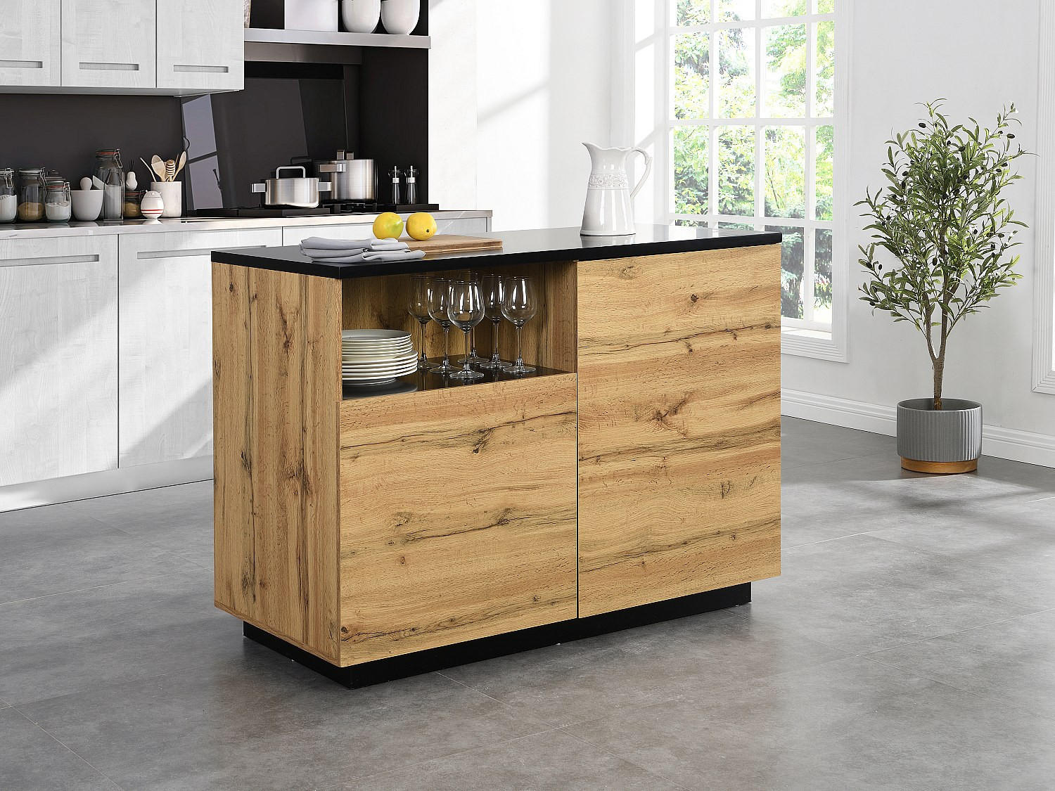 Thumbnail - Vente-Unique Kücheninsel, Schwarz, Holz, Rechteckig, 120x90x60 cm, Küchen, Küchenmöbel, Kücheninseln