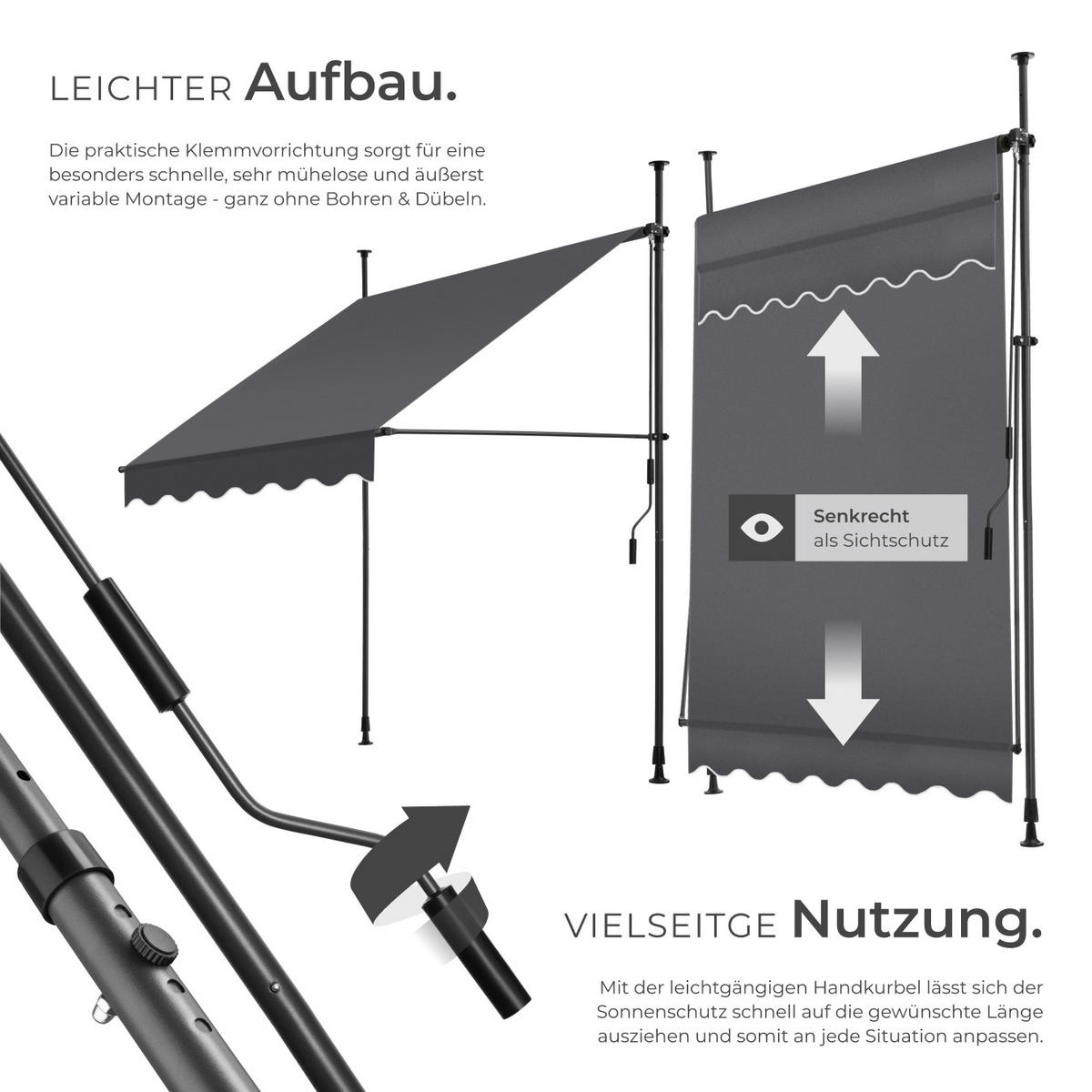 KLEMMMARKISE ,einfache Montage,schwarz/grau - Schwarz/Grau, Kunststoff (150/304/180cm) - tectake
