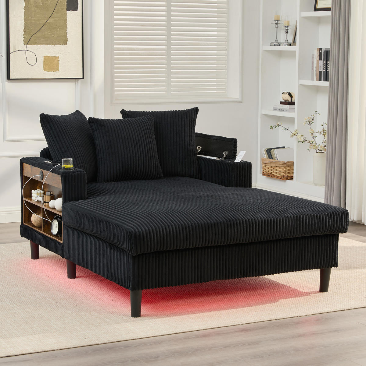 CHAISELONGUE mit LED, USB und Stauraum 129 x 170 x 70 cm Cord Black - Schwarz, Holz (170/70/129cm) - Meubliv