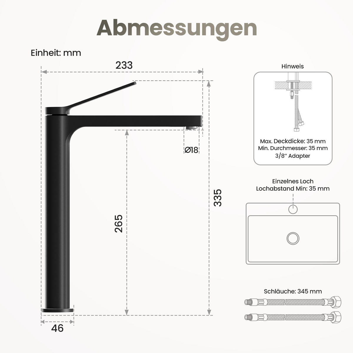 WASCHTISCHARMATUR mit Zertifiziertem Filterelement Schwarz Matt Hoher Stil - Schwarz, Metall (23.3/4.6/33.5cm) - EMKE