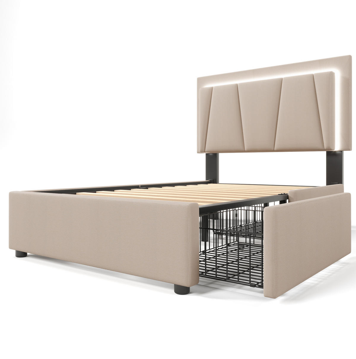 POLSTERBETT 90/200 cm Beige mit LED-Beleuchtung und 2 Schubladen - Beige, Holzwerkstoff (90/200cm) - Flora Grace