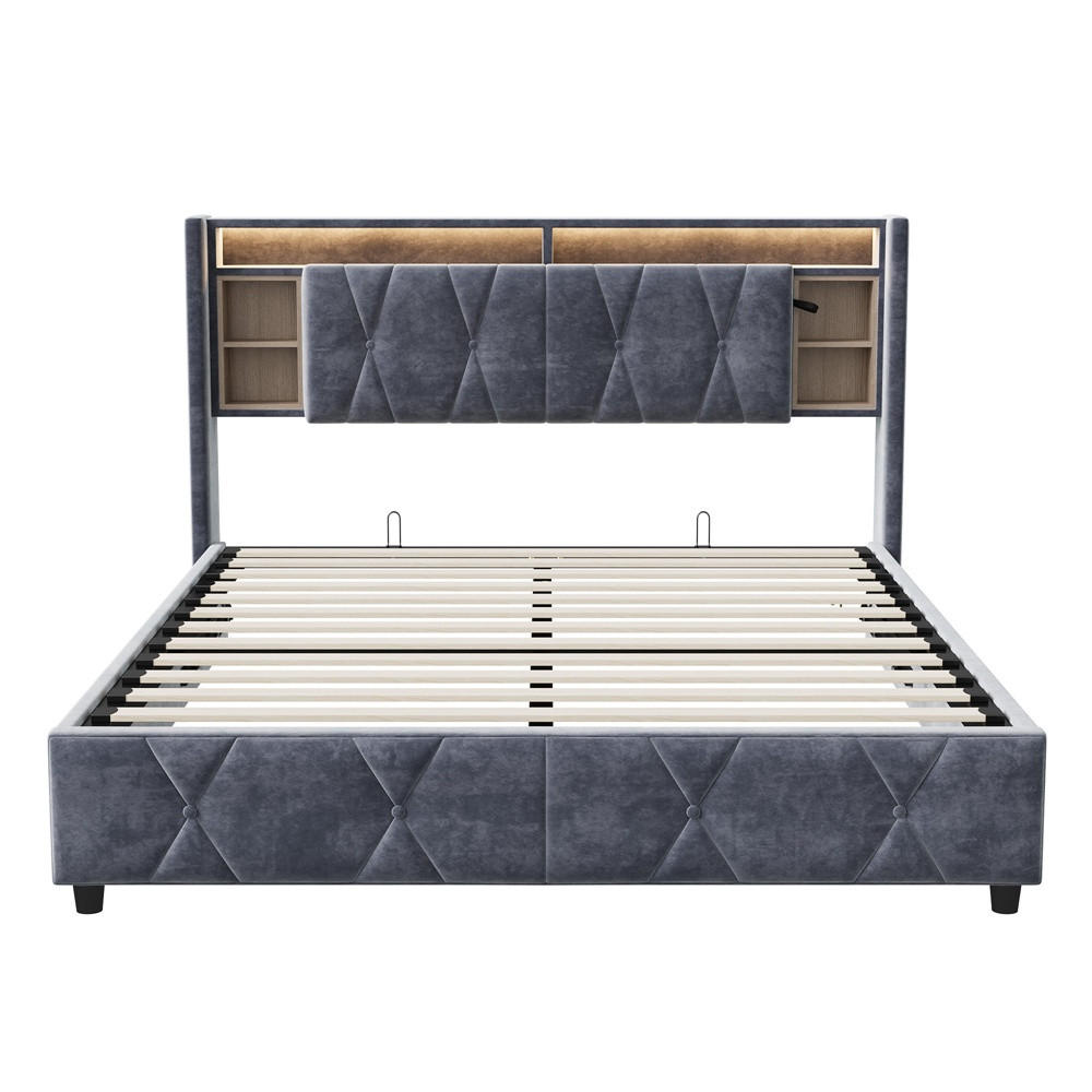 POLSTERBETT 160x200 cm mit LED-Beleuchtung - aufklappbarem Kopfteil & hydraulischem Bettkasten - Integrierte Ladestation - Grau, Textil (160/200cm) - DELFA