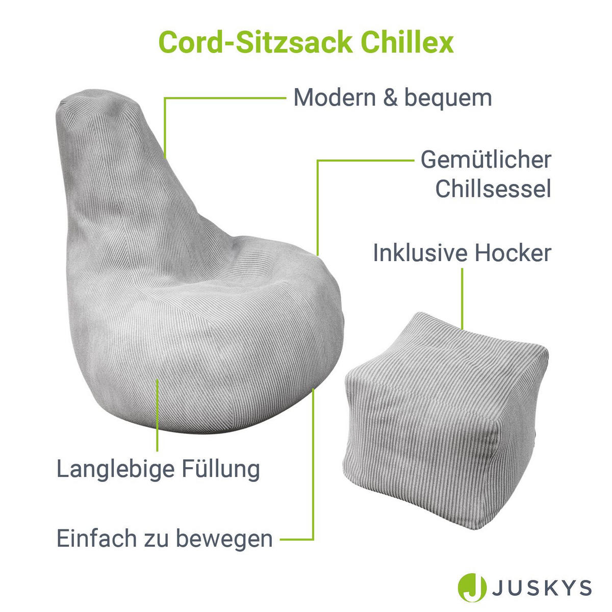 SITZSACK Chillex mit Hocker XL Cord hellgrau - Hellgrau, Textil (83/103/78cm) - Juskys