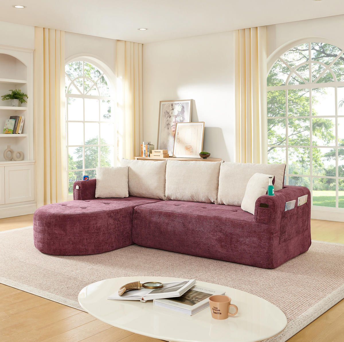 ECKSOFA in L-Form mit Edelstahl-Becherhalter, Seitentaschen und montagefreiem Design, Bordeauxrot - Bordeaux, Textil (255/170cm) - Redom