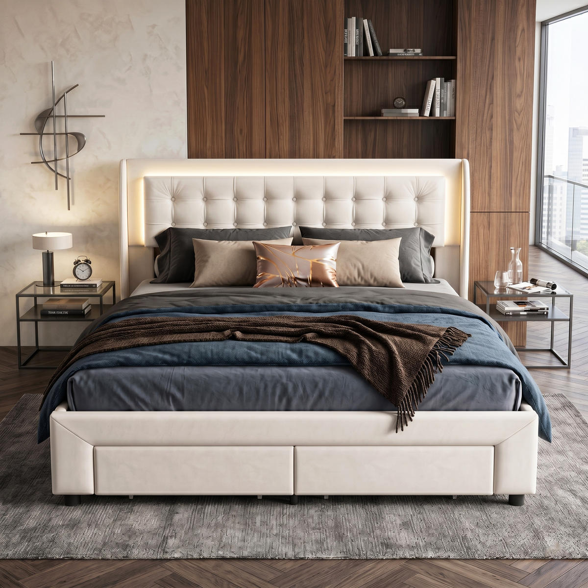 POLSTERBETT Chesterfield 160/200 cm mit Bettkasten & Schubladen Samtoptik Beige - Beige, Textil (160/200cm) - Creahappy