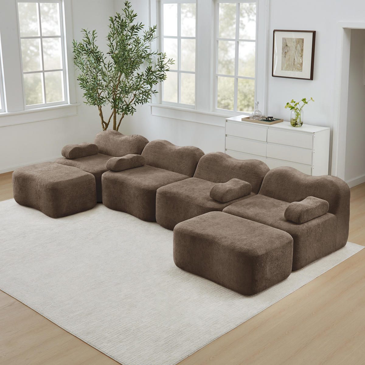 4-SITZER Sofa 384x167x70 cm aus Samtstoff rahmenlos modular, braun - Braun, Textil (167/70/384cm)