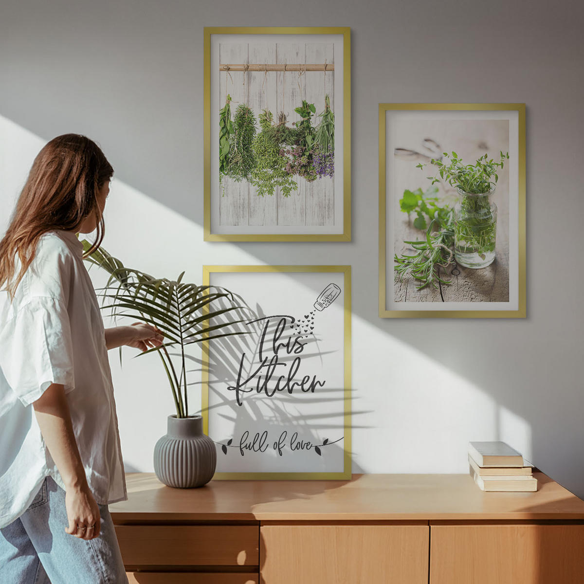 WANDBILDER 3er Set - 40x60 cm Goldrahmen - Küchenthema: Getrocknete Kräuter - Goldfarben, Kunststoff (40/60cm) - ArtPrintCave