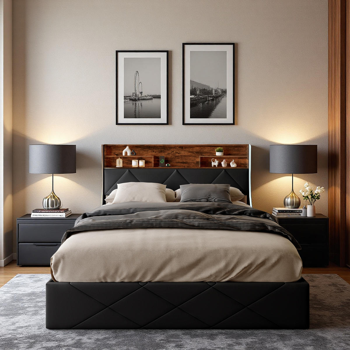 POLSTERBETT 160x200 cm LED USB Stauraum Lattenrost PU Leder schwarz - Schwarz, Holz (160/200cm) - LEBENLANG