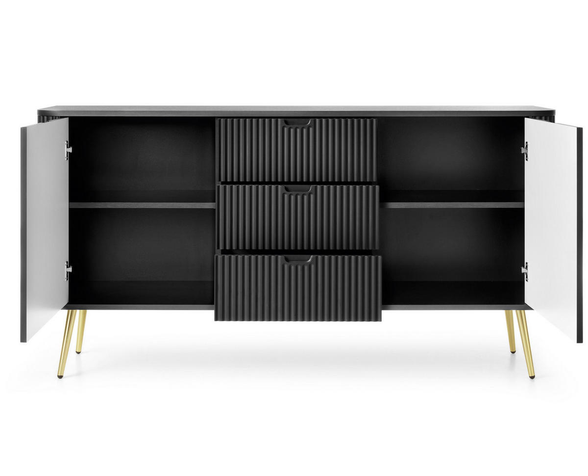 SIDEBOARD Salvia 2T 3S Schwarz, Gold 168/87/39 cm – mit geriffelten Fronten und hohen Beinen - Goldfarben/Schwarz, Holzwerkstoff/Metall (168/87/39cm) - AX Living