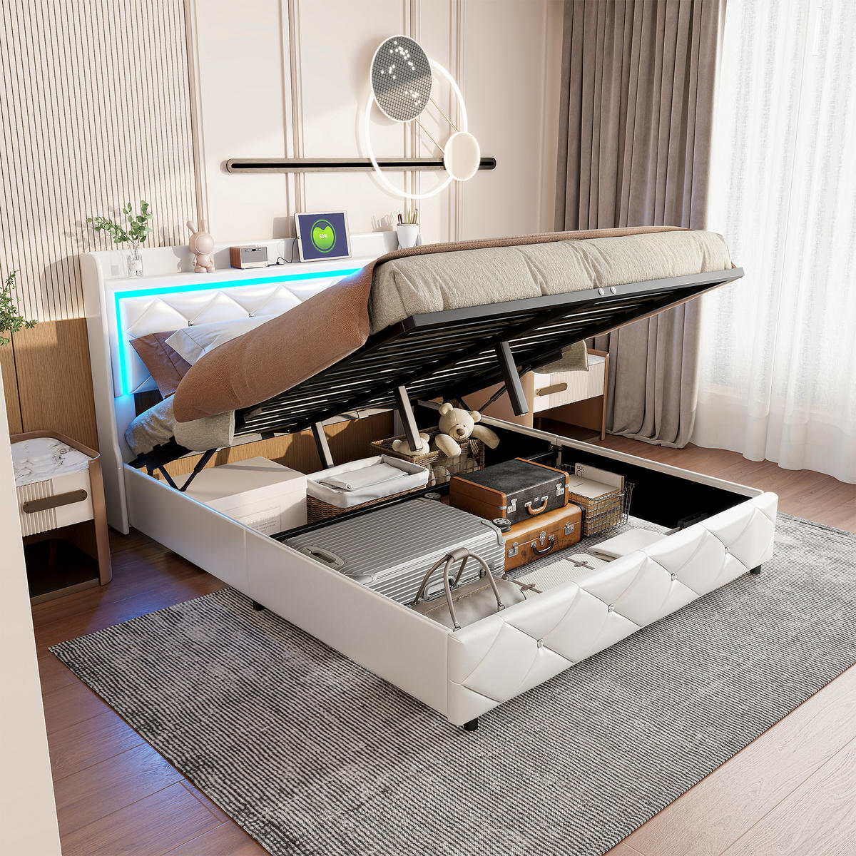 POLSTERBETT 140x200 cm Weiß PU Leder Bett, LED RGB Beleuchtung, Ladefunktion & Gasdruck Stauraum - Weiß, Leder (140/200cm) - CASIVA