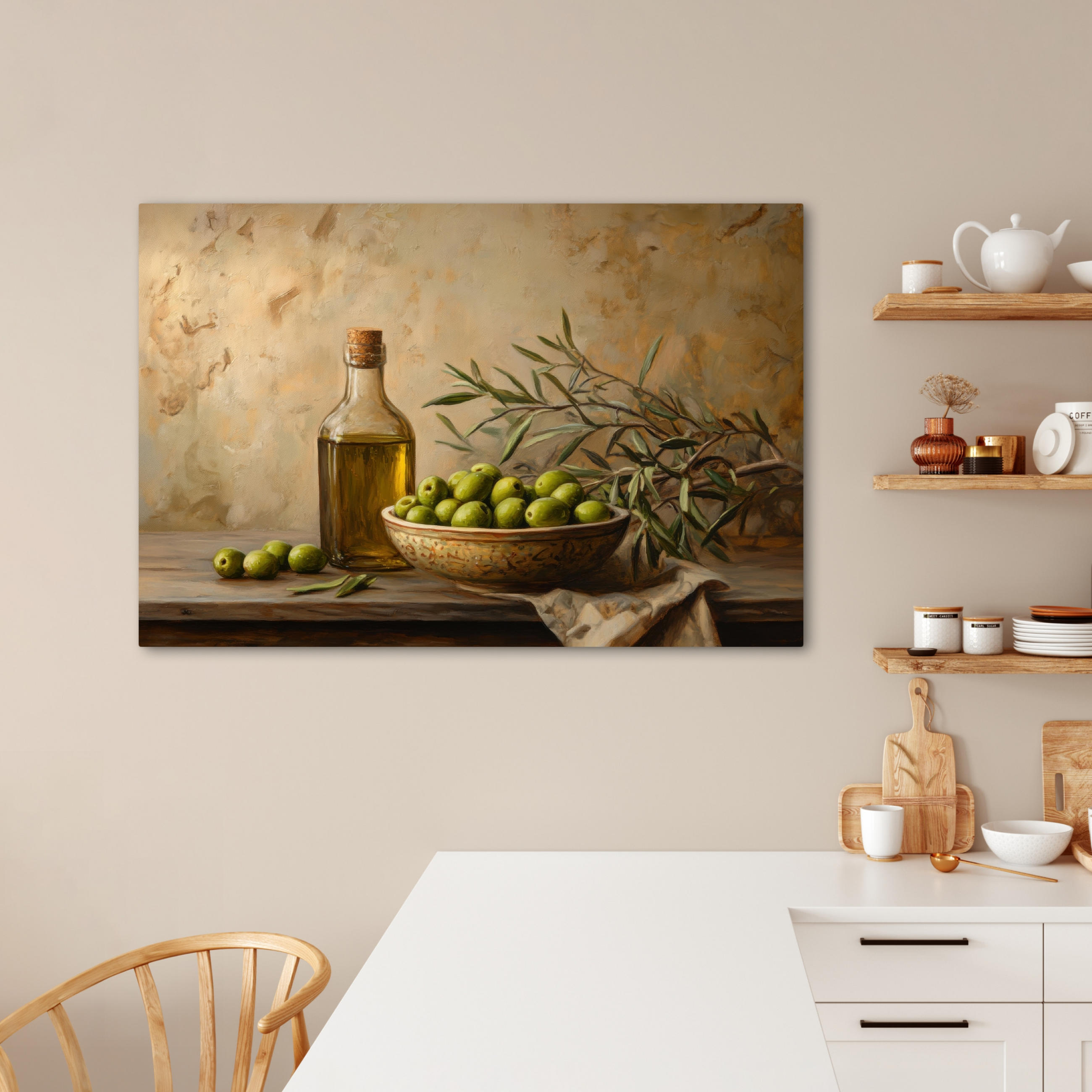 LEINWANDBILD Oliven - Stilleben - Vintage Wohnzimmer 120x80 cm - Olivgrün, Textil (120/80cm) - MuchoWow