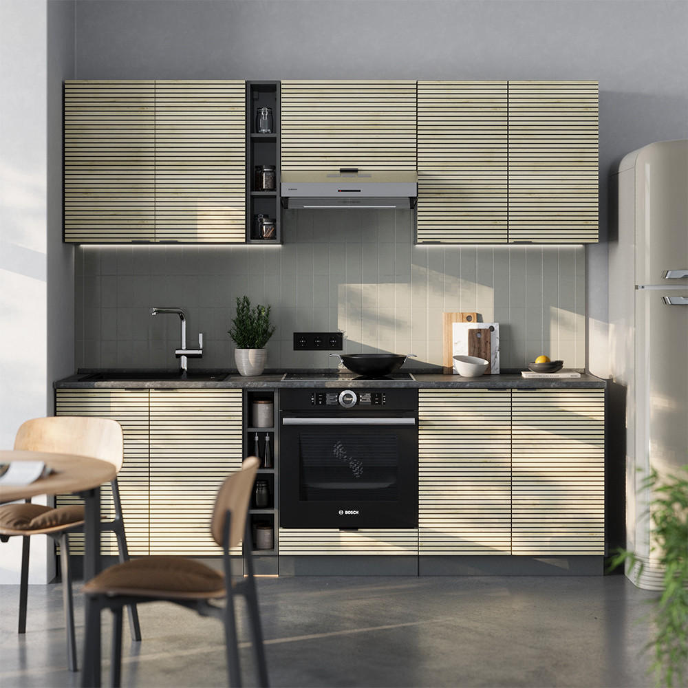 KÜCHENZEILE Fame-Line Eiche Paneel/Anthrazit 235 cm , AP Marmor - Hellbraun/Anthrazit, Holzwerkstoff (235/81.6/60cm) - Vicco