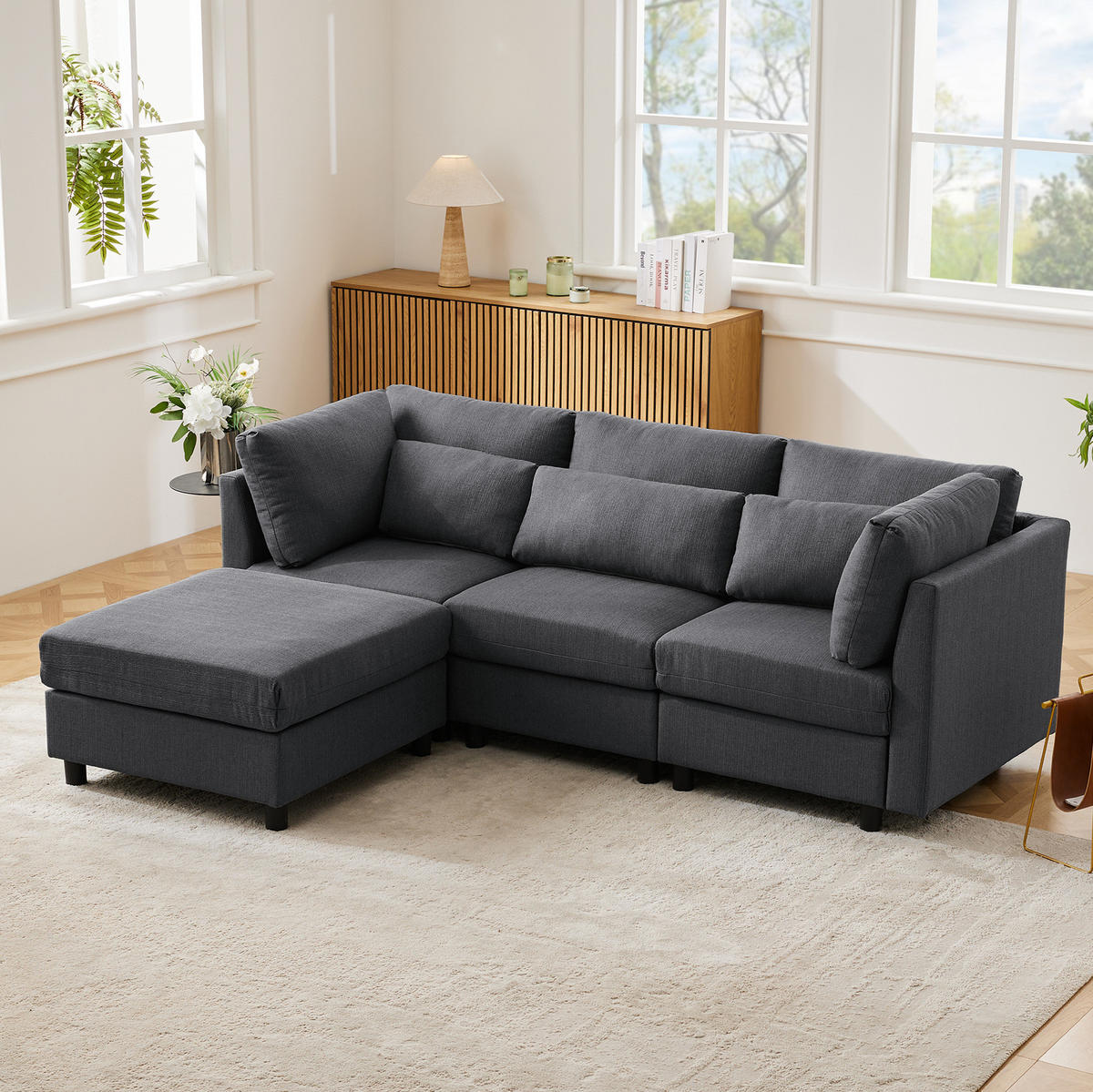 ECKSOFA Leinenstoff mit Fußhocker und Rücken Armlehnenkissen 220/83/81 cm Grau - Grau, Textil (81/83cm) - Redom