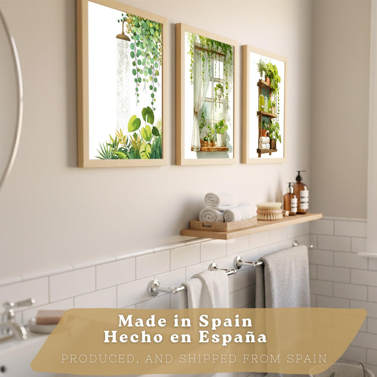 POSTER 3er-Set dekorative Badezimmerbilder im mit grünen Pflanzen, Dusche und Ablage, minimalistisches, Wohndekoration Leichter Holzrahmen A3 - Beige, Papier (42/29.7/3cm) - Nacnic