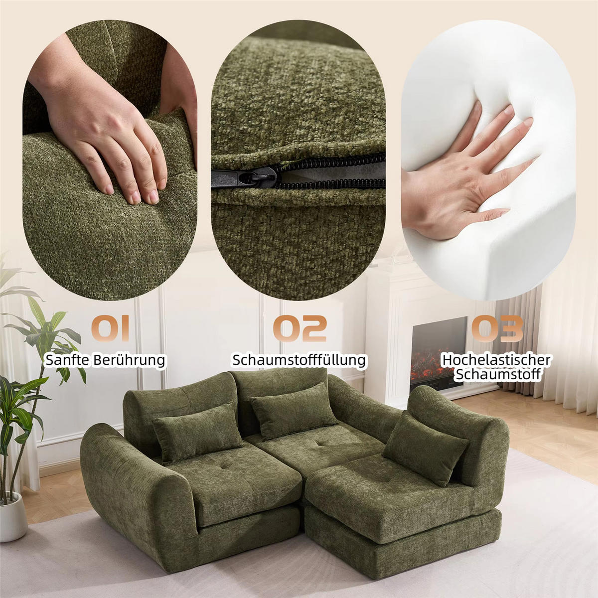 SCHLAFSOFA 3-Sitzer Chenille, Modernes Lounge Sofa ohne Aufbau, Grün - Grün, Textil (262/78/97cm) - Kaket
