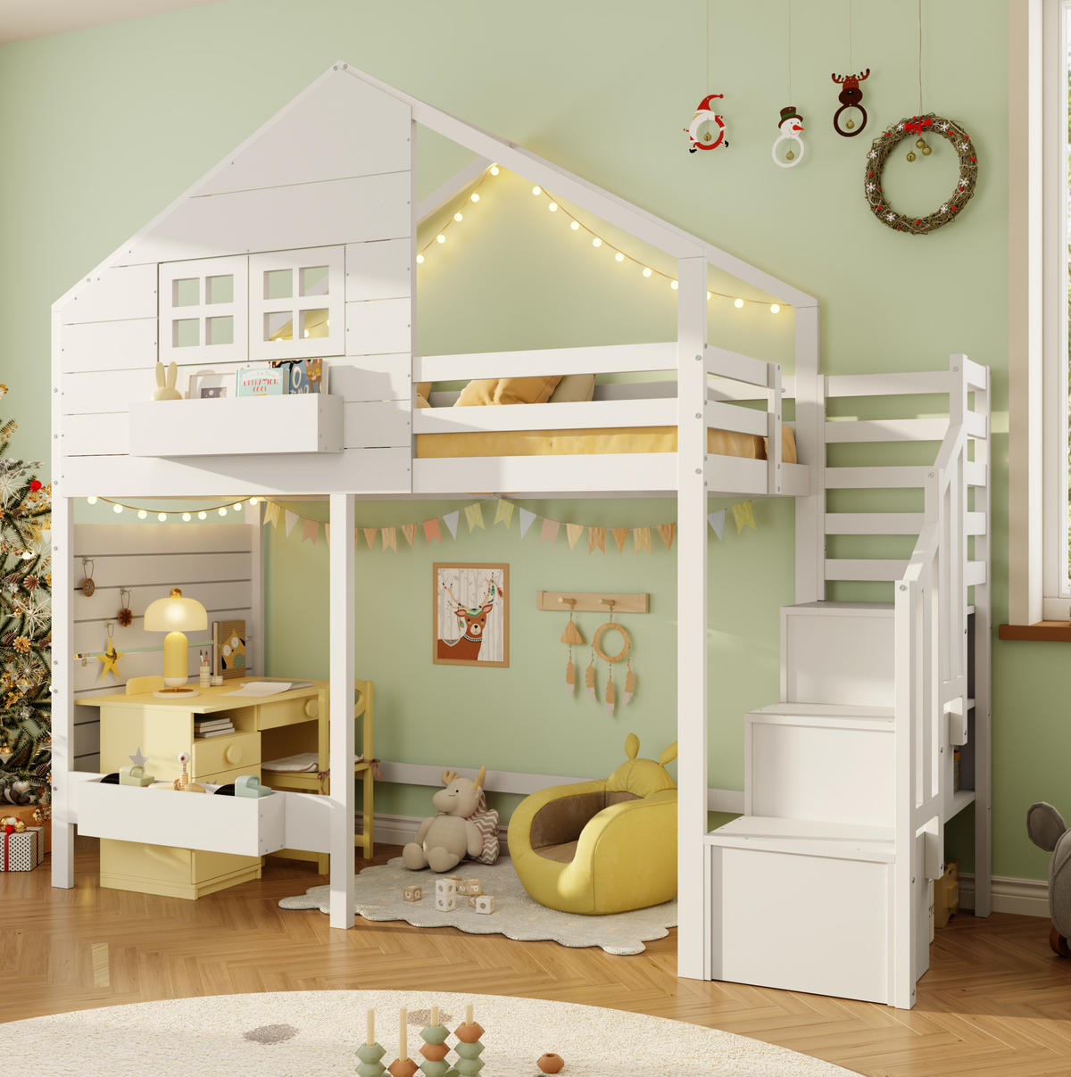 ETAGENBETT 90/200 cm Weiß aus Kiefer Massivholz mit Stauraumtreppe und Fenster - Weiß, Holzwerkstoff (90/200cm) - OKWISH