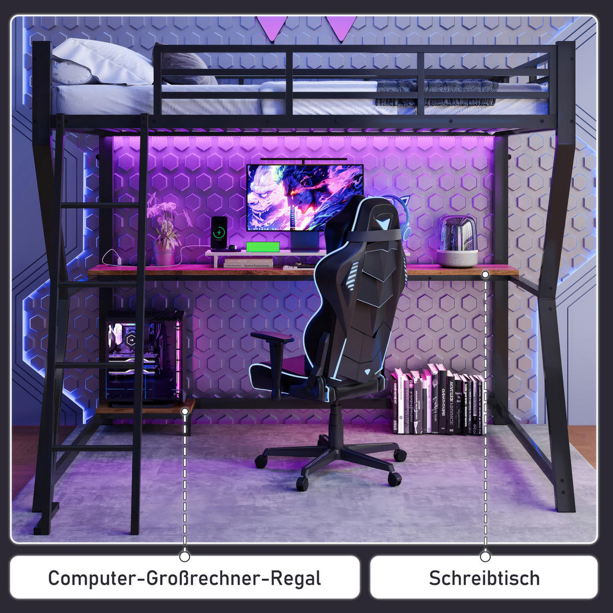 HOCHBETT 90/200 cm, Schwarz mit Schreibtisch, Steckdose und USB, ohne Matratze - Schwarz, Metall (90/200cm) - MIVRAY