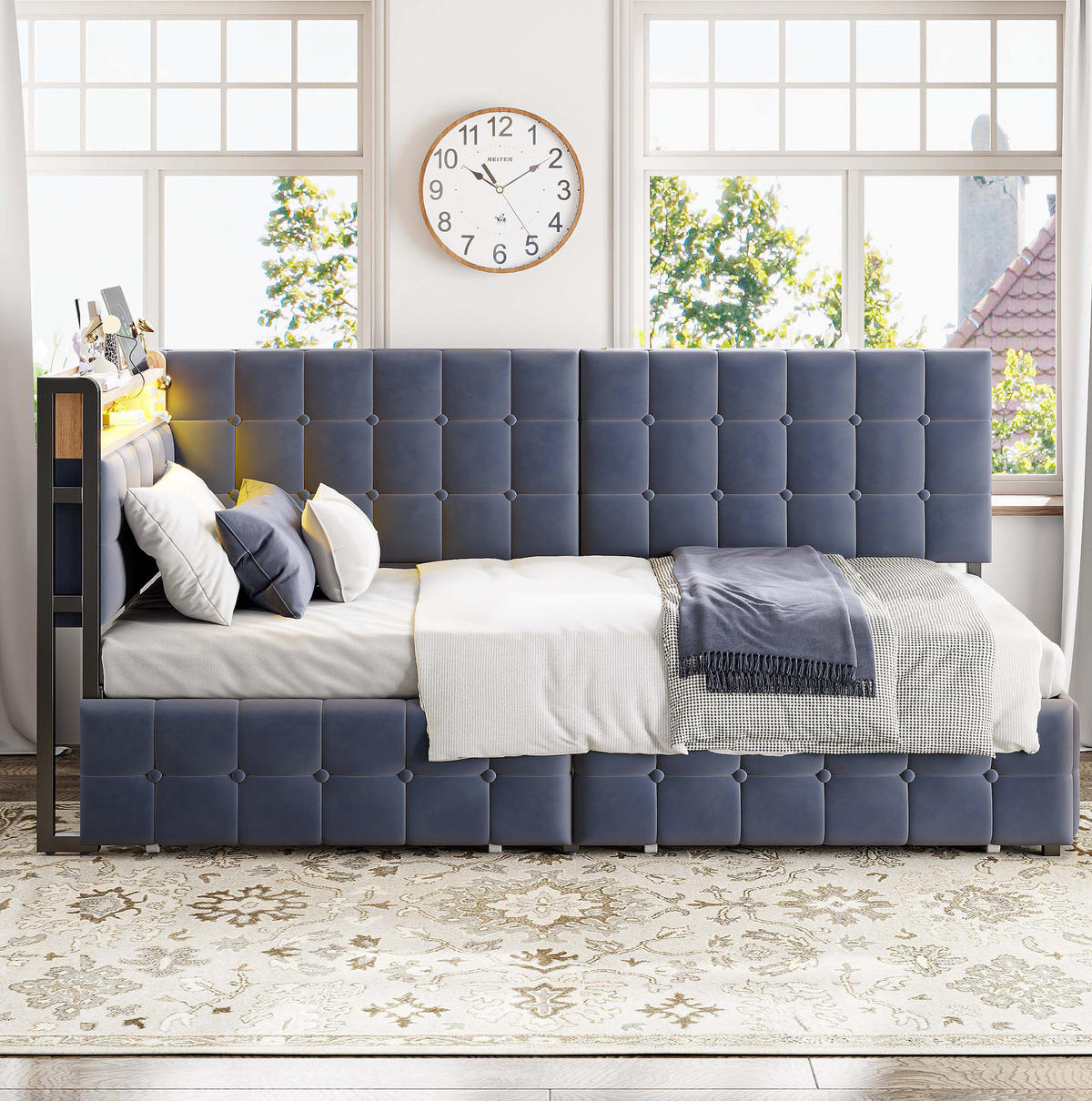 POLSTERBETT 90/200 cm Grau mit 2 Schubladen und LED-Beleuchtung - Grau, Textil (90/200cm) - Flora Grace