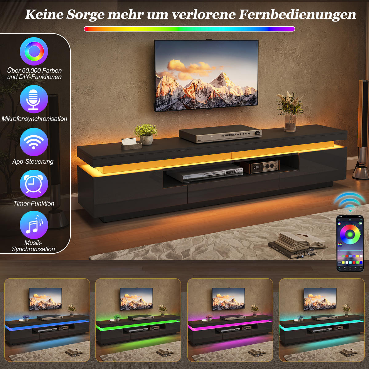 TV-SCHRANK schwarz aus Spanplatte mit Hochglanzfront und App-gesteuerter USB-LED 175 × 38 × 45 cm - Schwarz, Holzwerkstoff (175/45/38cm) - Luhomfu