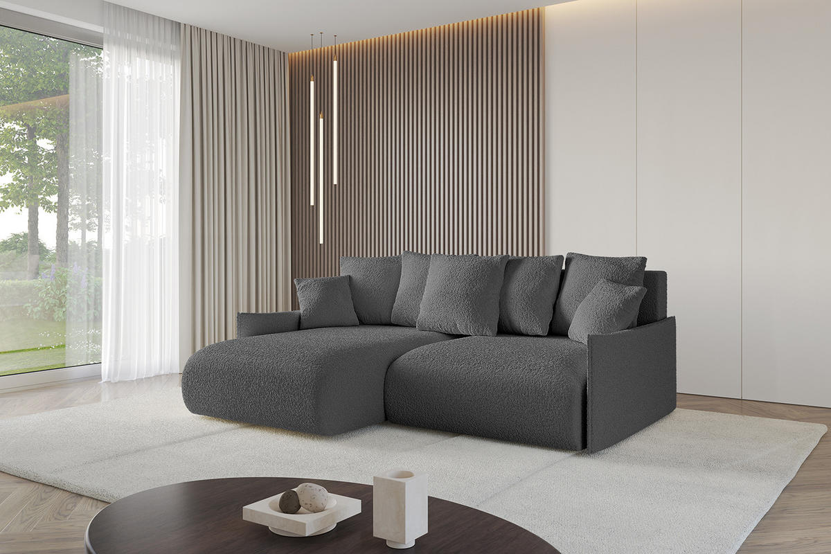 ECKSOFA mit Schlaffunktion und Bettkasten ONESK-L -v1 208x165x40 Grau Bouclé - Grau, Holzwerkstoff/Kunststoff (208/165cm) - ALTDECOR