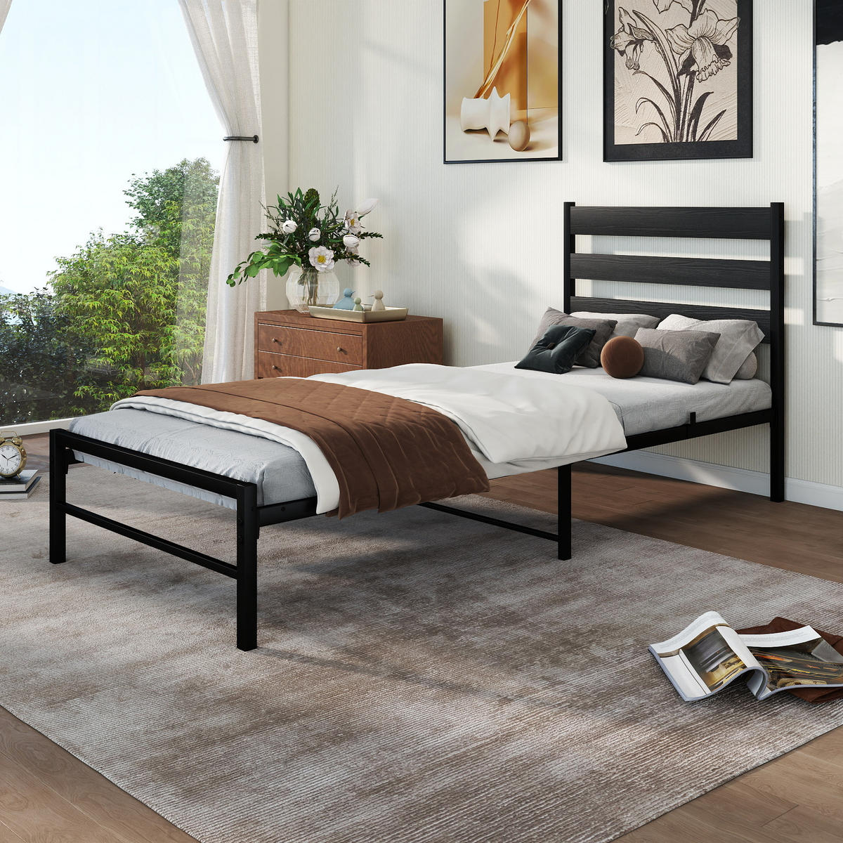 METALLBETT 90x200 cm Schwarz mit komfortablem Kopfteil, stabiler Konstruktion - Schwarz, Metall (90/200cm) - Modfu