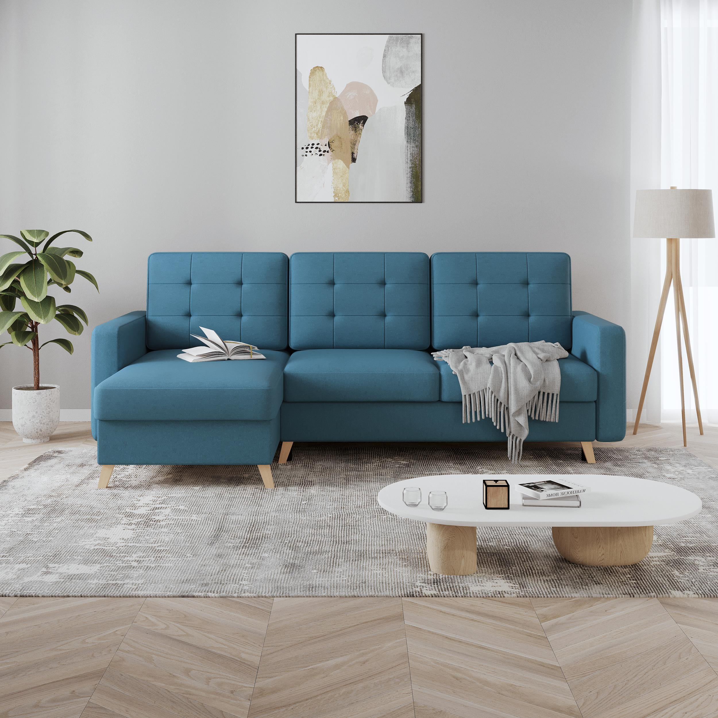 ECKSCHLAFSOFA Vinci mit universelle Ottomane, Dunkelblau - Buchefarben/Dunkelblau, Textil (236/151cm) - Beautysofa