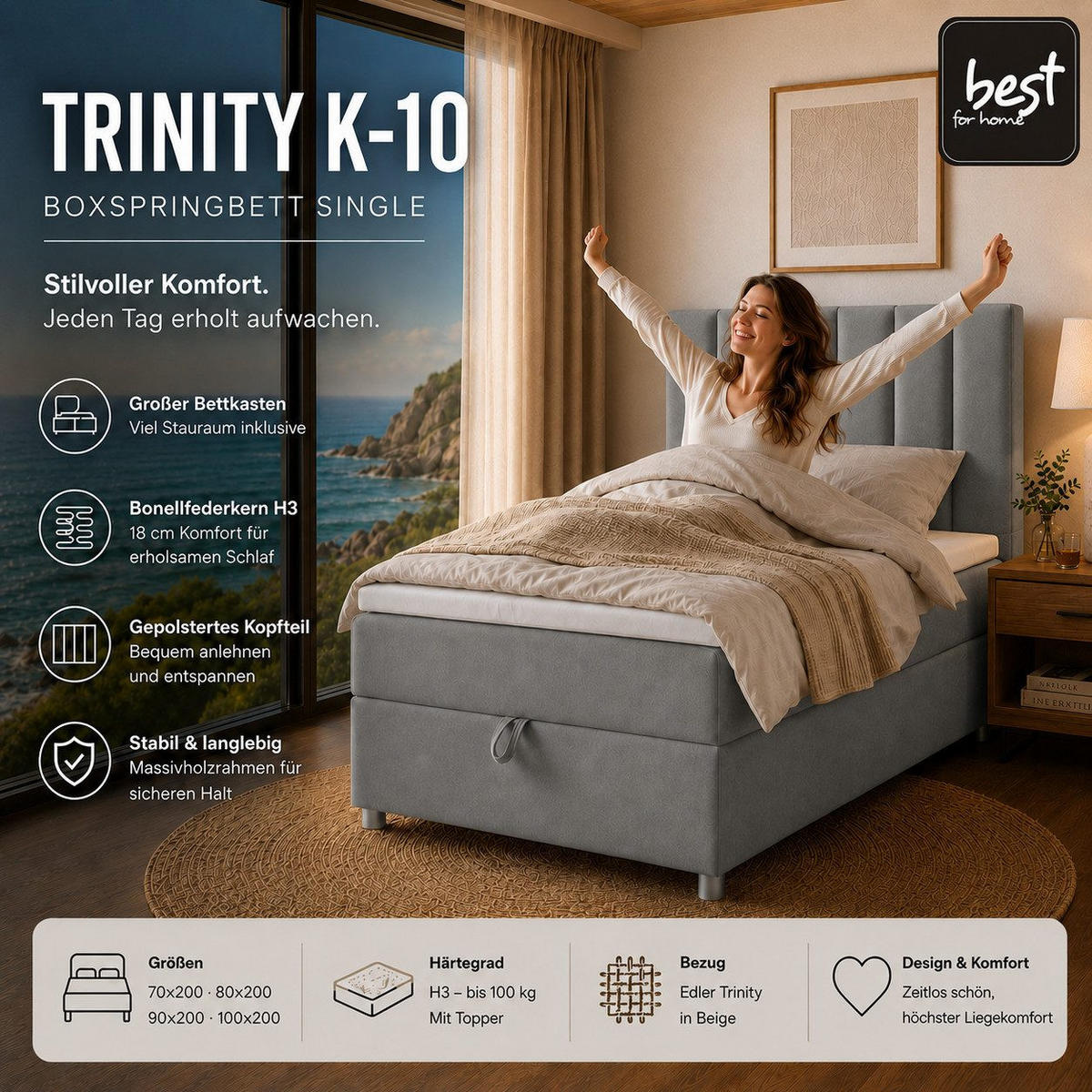 BOXBETT mit Bettkasten Trinity K-10 SINGLE Bonellfederkern inkl. Topper - Grau, Holz/Holzwerkstoff (100/200cm) - Best For Home