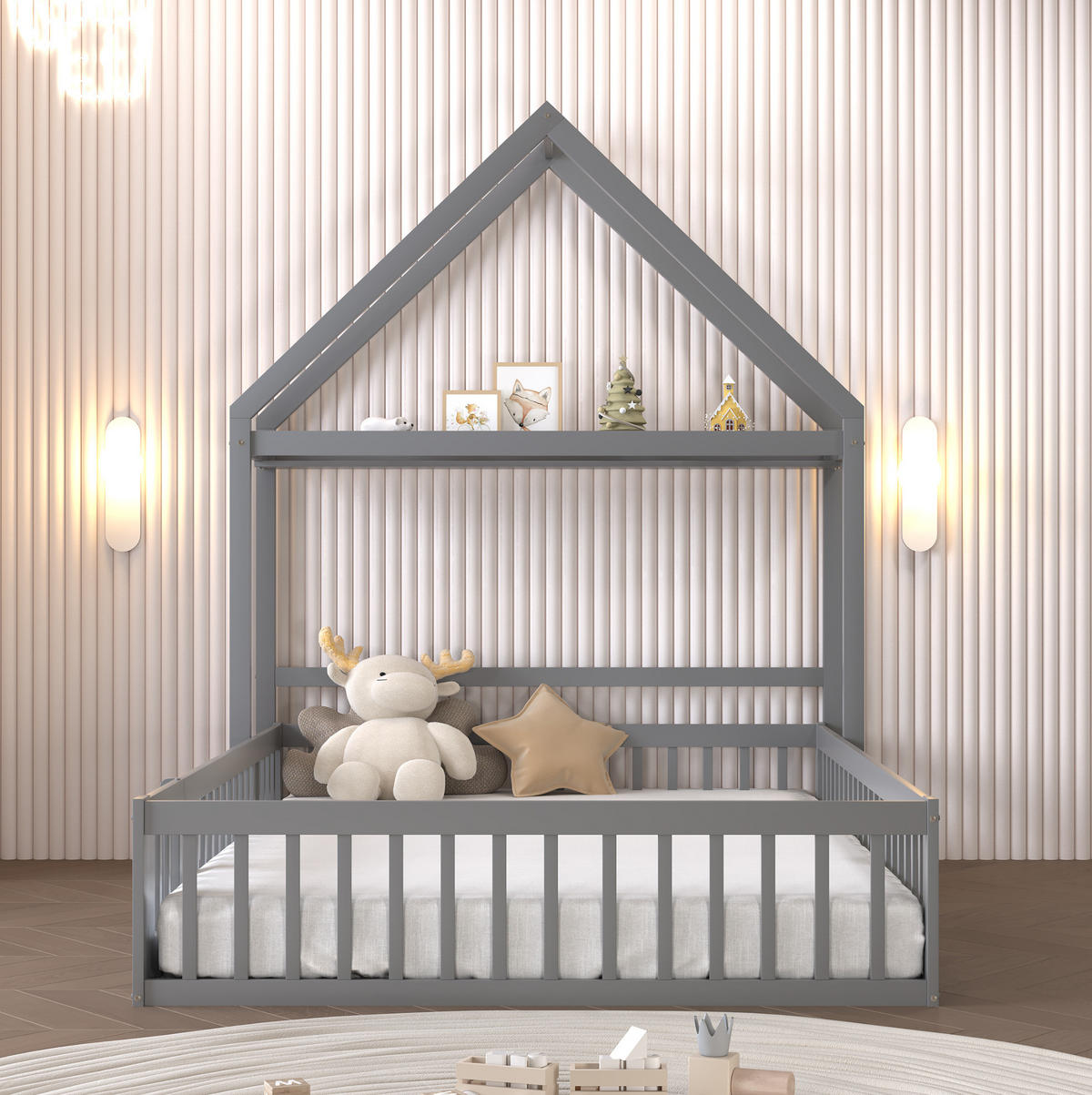 KINDERBETT 140/200 cm mit Dach, Stauraum, Tür und Lattenrost, Grau - Grau, Holzwerkstoff (140/200cm) - Redom