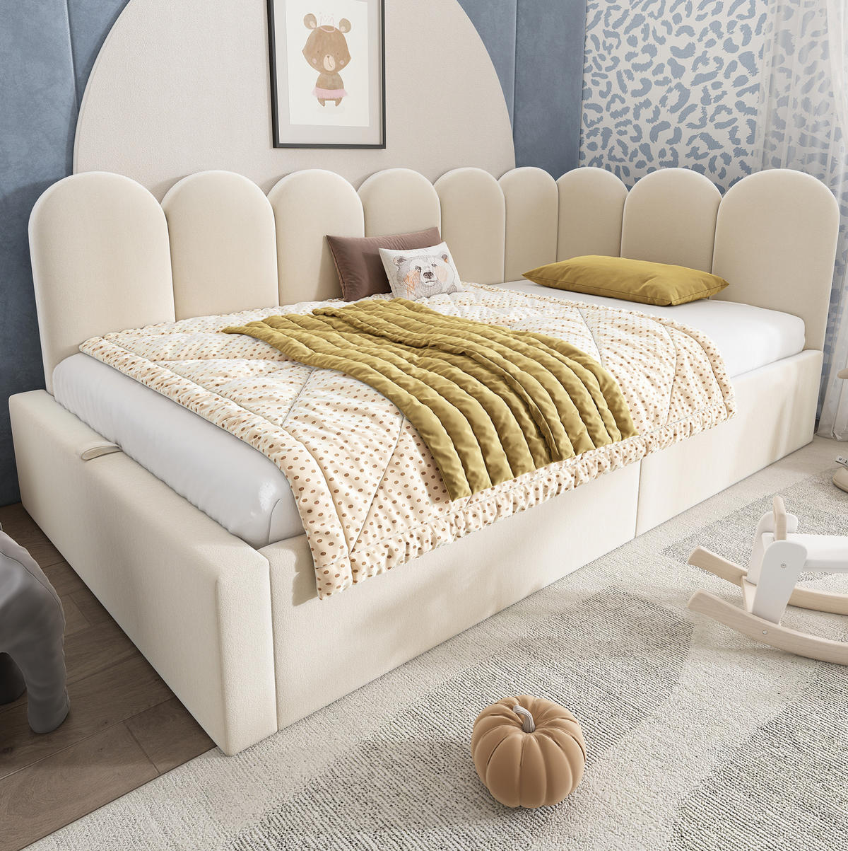 POLSTERBETT 90/200 cm in Beige mit Stauraum und Samtbezug - Beige, Textil (90/200cm) - Flora Grace