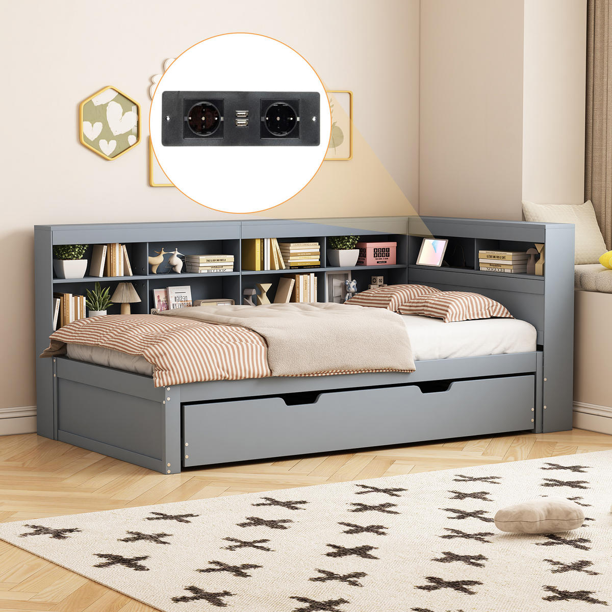 MULTIFUNKTIONSBETT 90/200 cm Grau mit USB-Buchse und Stauraum aus Massivholz - Grau, Holz - OKWISH