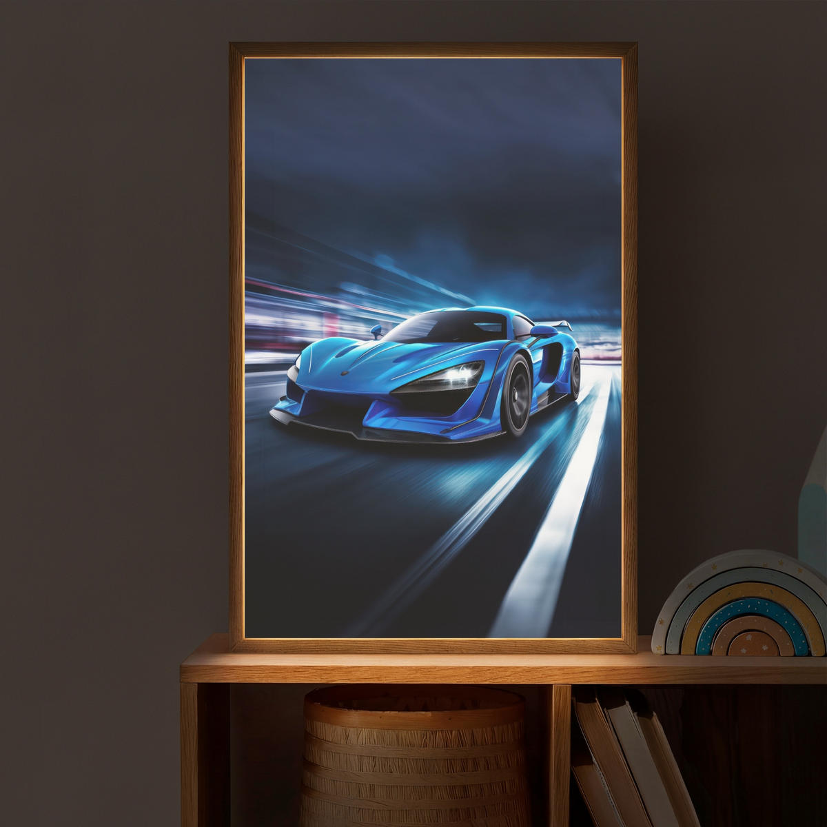 DOBÍJECÍ NOČNÍ LAMPIČKA Auto - Modrá - Chlapci - Dítě 40x60 cm - modrá, kompozitní dřevo (8/40/60cm) - OnlyWow