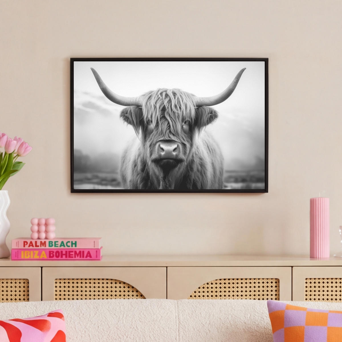 LEINWAND Bilder mit Rahmen - Schottischer Highlander - Nebel - Schwarz - Weiß - 60x40 - Grau, Textil (60/40cm) - MuchoWow