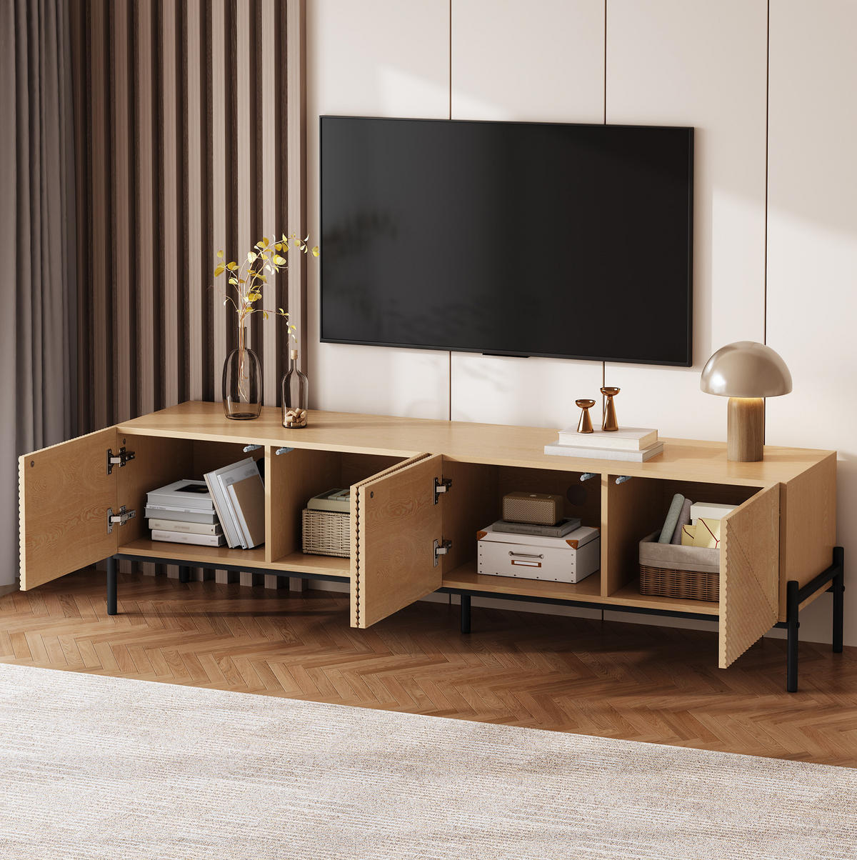 TV-LOWBOARD 163,5/40/45 cm mit 4 Türen, Push-to-Open und Kabeldurchlässen, Natur - Hellbraun, Holzwerkstoff (163.5/45/40cm) - Redom