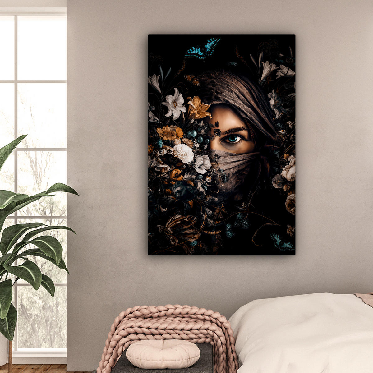 LEINWANDBILD Frau - Luxus - Blumen - Schmetterling - Porträt 90x140 cm - Schwarz, Textil (90/140cm) - MuchoWow