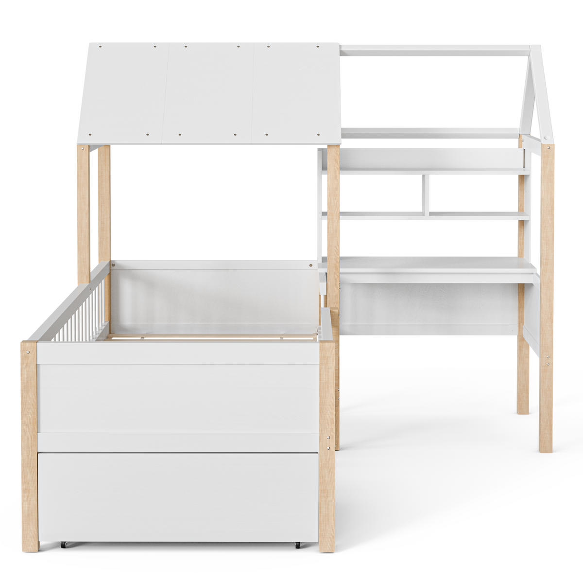 KINDERBETT 90/200 cm Weiß aus Massivholz und MDF mit Schreibtisch und Regal - Weiß, Holz (90/200cm) - OKMYHOME