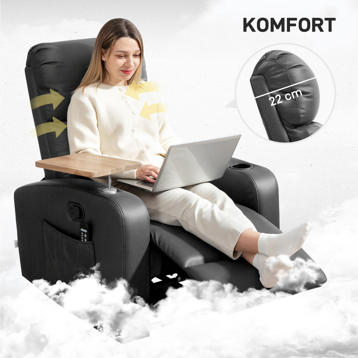 RELAXSESSEL mit Massagefunktion, Seitentasche und Becherhalter, Mikrofaser, Schwarz - Schwarz, Metall (77/105/93cm) - HOMCOM