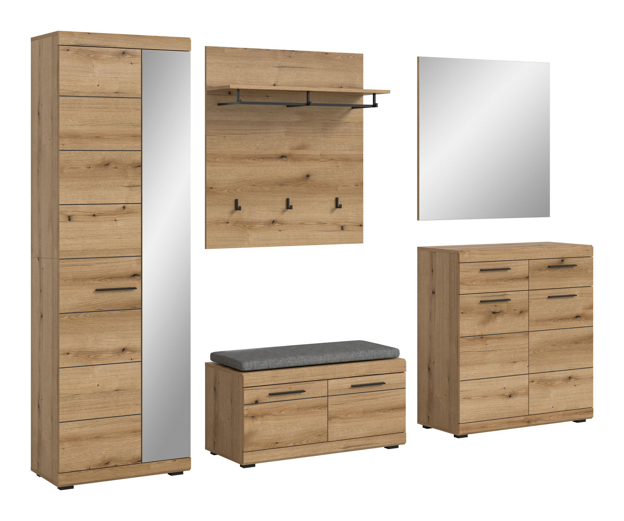 GARDEROBEN-SET inkl. Sitzkissen SCOUT 6-tlg. (B/H/T: ca. 272/197/40 cm) in Evoke Oak Nachbildung/Evoke Oak Nachbildung - Eichefarben, Holzwerkstoff (272/197/40cm)