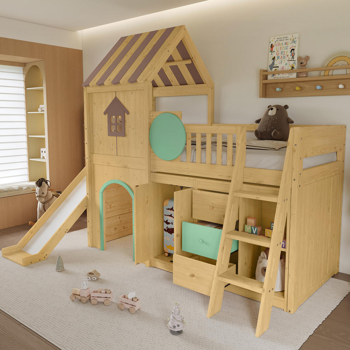 HOCHBETT 90/200 cm in Natur & Grün mit Rutsche, Treppe und Stauraum - Naturfarben, Holz/Holzwerkstoff (90/200cm) - WISHDOR
