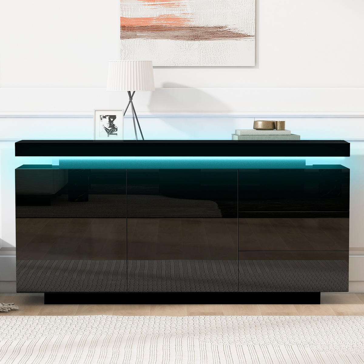 SIDEBOARD LED Hochglanz 2 Türen 3 Schubladen Schwarz 140cm modern - Schwarz, Holzwerkstoff (38/72/140cm) - FLIEKS