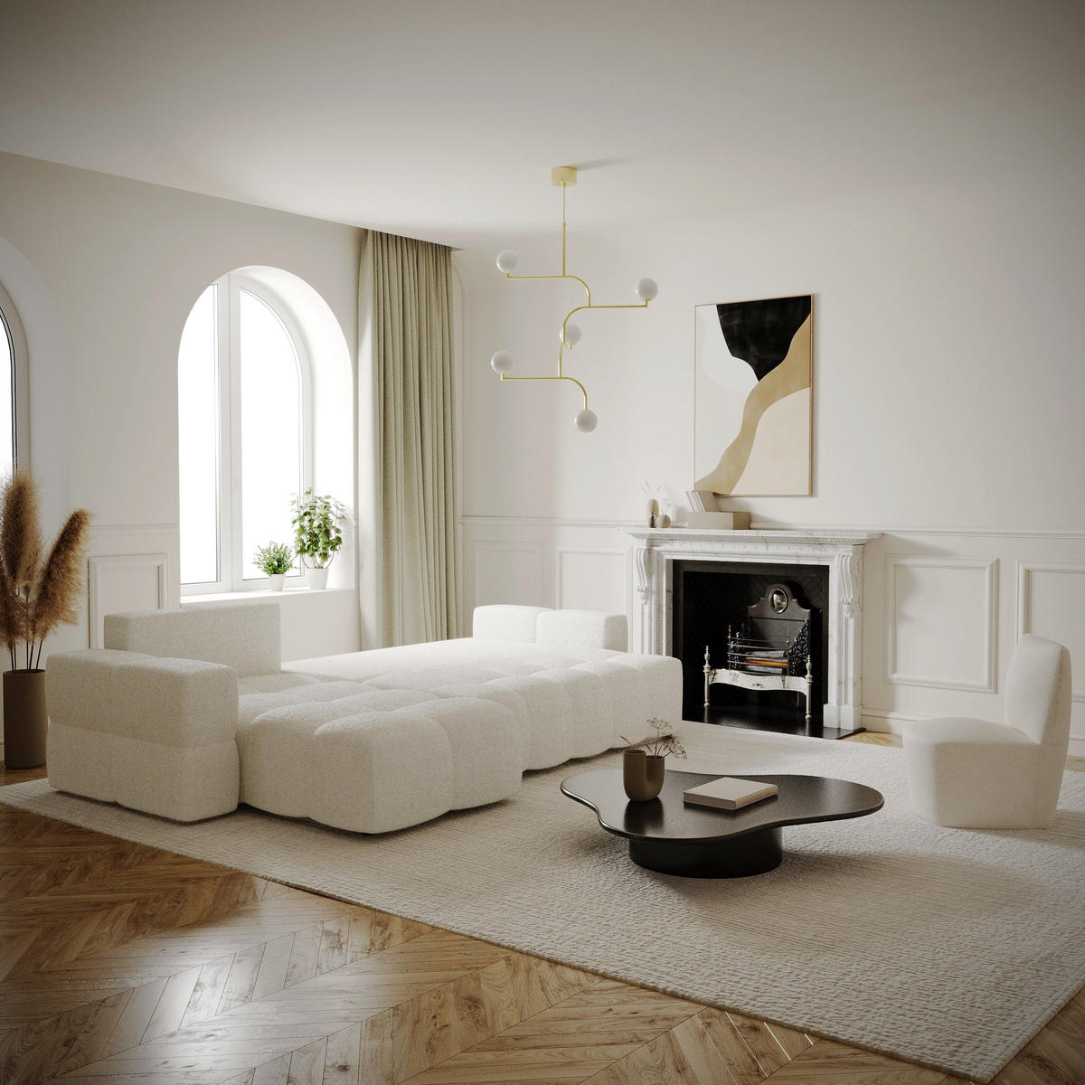 ECKSOFA LINKS Bouclé-Stoff Creme 286cm - Creme, Textil (169/286cm) - Sia Home