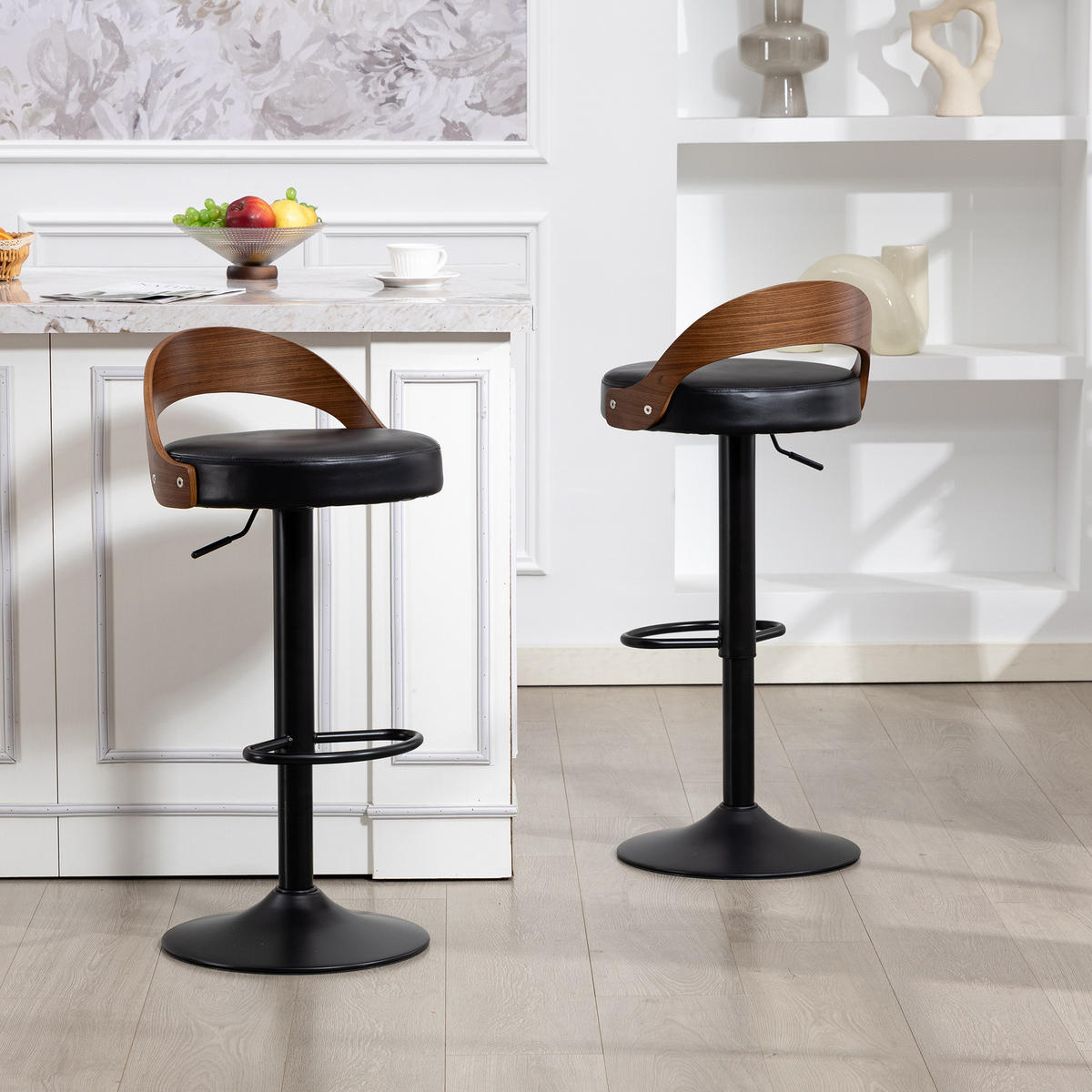 BARHOCKER 2er-Set drehbar mit PU-Sitz und Walnussholz, Schwarz - Schwarz, Kunststoff (42.5/77/42cm)