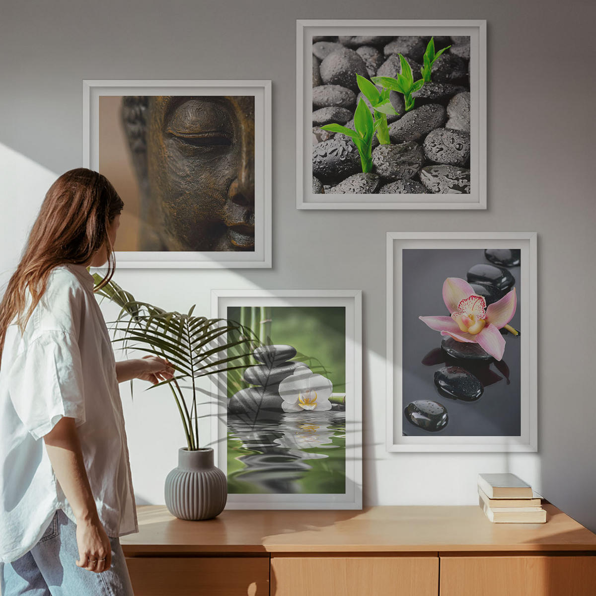 BILDER SET 4er Set - 50x50 cm & 40x60 cm Weißer Rahmen - Friedliche Zen-Blumen-Buddha-Komposition - Weiß, Kunststoff (50/50cm) - TULUP