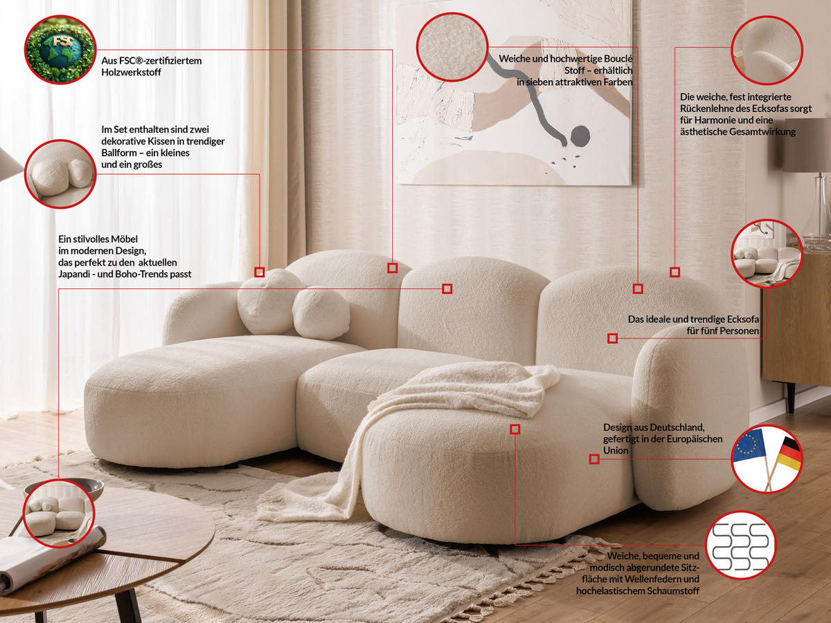 WOHNLANDSCHAFT Nuvola mit abgerundetem Design Hellbeige Bouclé-Stoff - Beige/Schwarz, Holz/Kunststoff (268/80/146cm) - S-Style Möbel