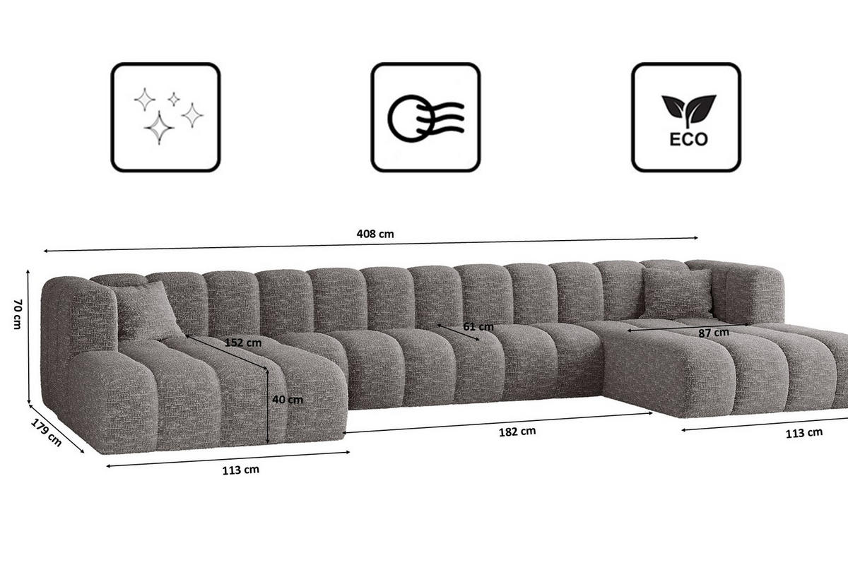 ECKSOFA U-form Grand U XL Stoff Haga Grau - Grau, Holz (179/408cm) - Kaiser Möbel