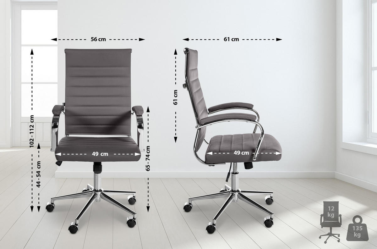 BÜROSTUHL Kaelis Echtleder grau - Chromfarben/Grau, Leder/Metall (56/112/61cm) - TPFLiving
