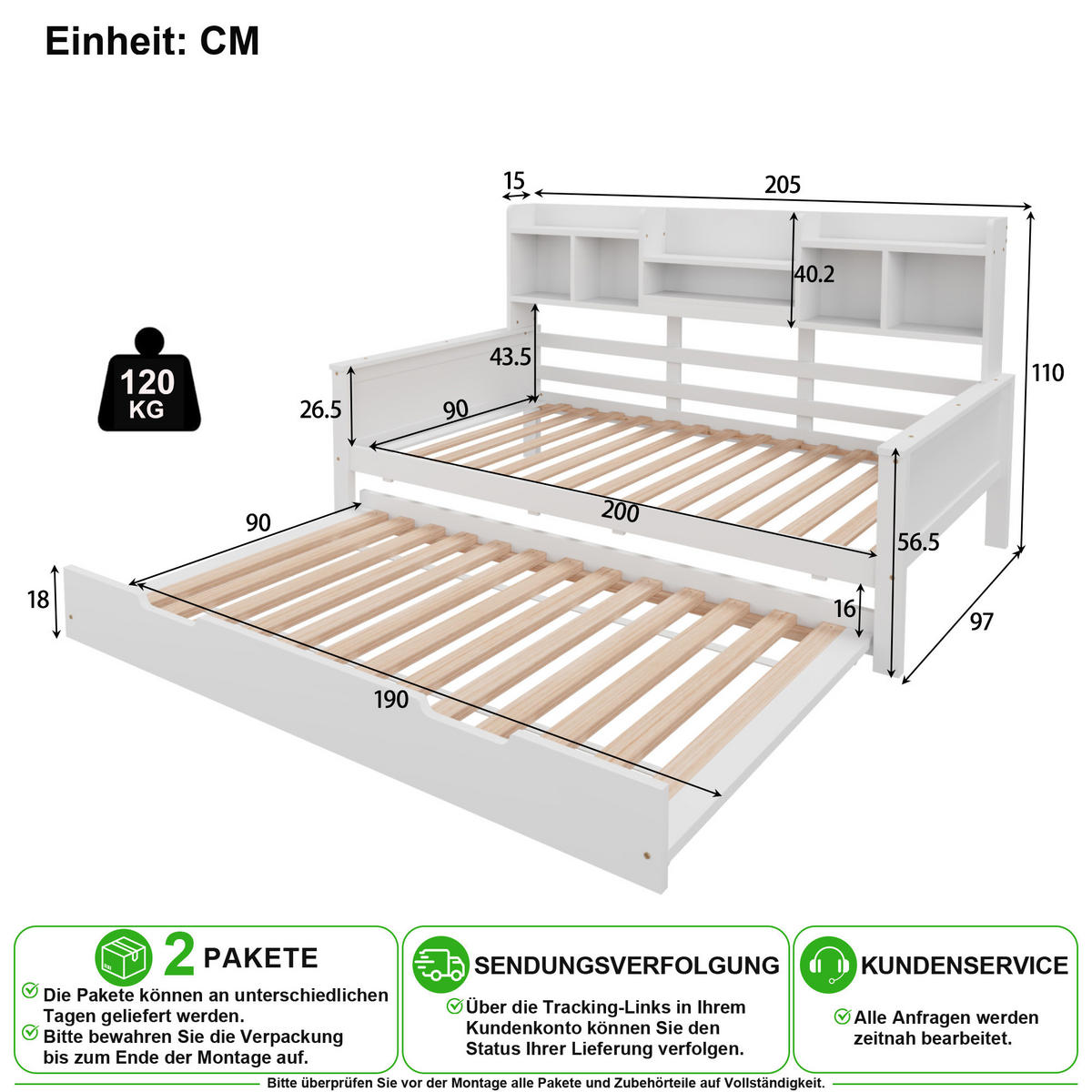 SCHLAFSOFA 90/200 cm & 90/190 cm in Weiß mit Stauraum und Ablage aus Kiefernholz - Weiß, Holz/Holzwerkstoff (90/200cm) - CHICFURN