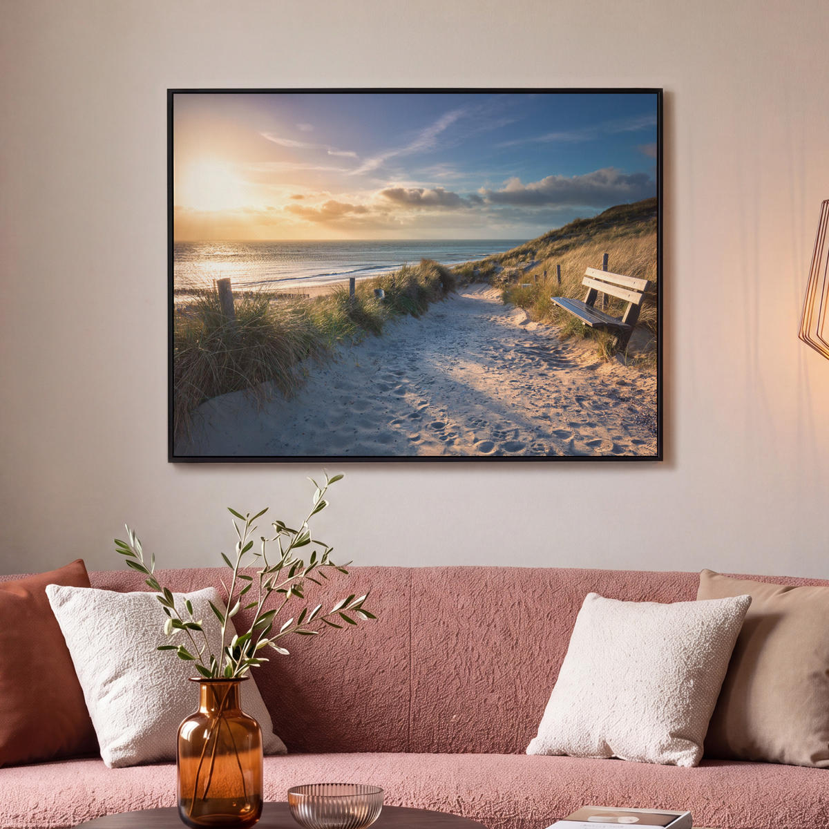 LEINWAND Bilder mit Rahmen - Sonnenuntergang - Strand - Düne - Gras - Ufer - 100x70 - Sandfarben, Textil (100/70cm) - MuchoWow