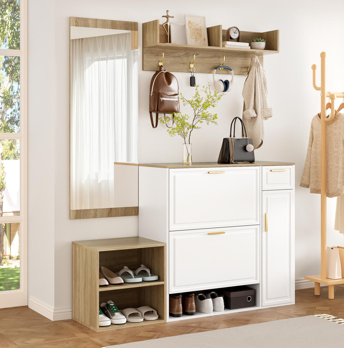 SCHUHSCHRANK aus Spanplatte 139,5x35x166cm in Weiß mit 4-teiligem - Weiß, Holzwerkstoff (139.5/166/35cm) - Modfu