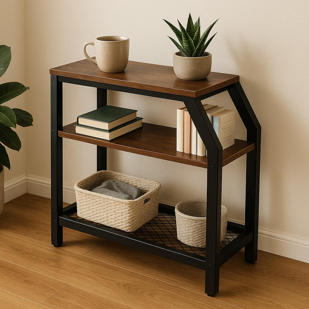 BEISTELLTISCH Metall Holzoptik Dunkelbraun Schwarz 3 Ablagen 59x30x60 cm - Dunkelbraun/Schwarz, Holzwerkstoff/Metall (30/59/60cm) - Begryf