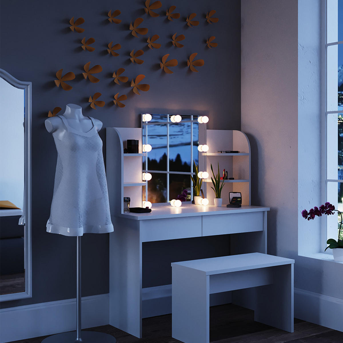SCHMINKTISCH Charlotte Weiß 108 cm mit LED Beleuchtung und Bank - Weiß, Holzwerkstoff (108/139/40cm) - Vicco